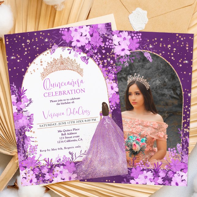 Rose gold purple floral tiara princess Quinceanera Invitation (Creator Uploaded)