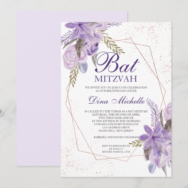 Rose gold purple floral watercolor Bat Mitzvah Invitation (Front/Back)