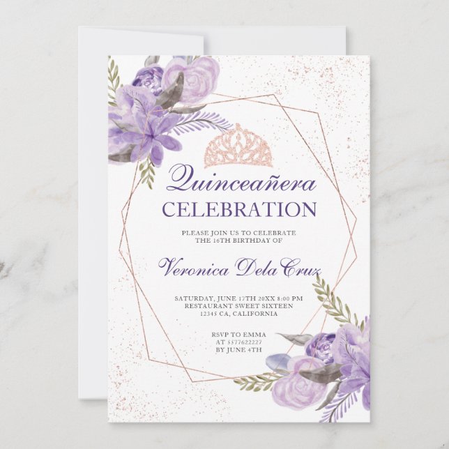 Rose gold purple floral watercolor Quinceanera Invitation (Front)