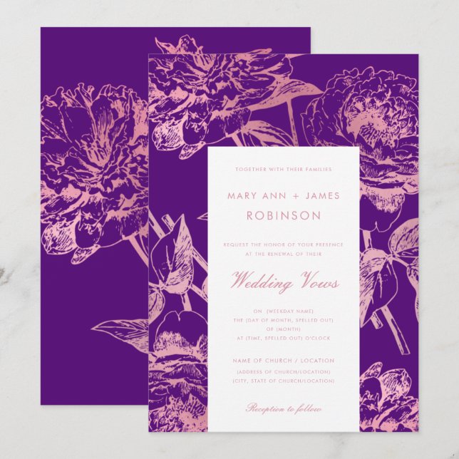 Rose Gold Purple Floral Wedding Vow Renewal Invitation (Front/Back)