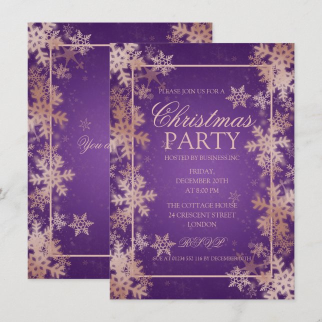Rose Gold Purple Foil Snowflakes Christmas Party Invitation (Front/Back)