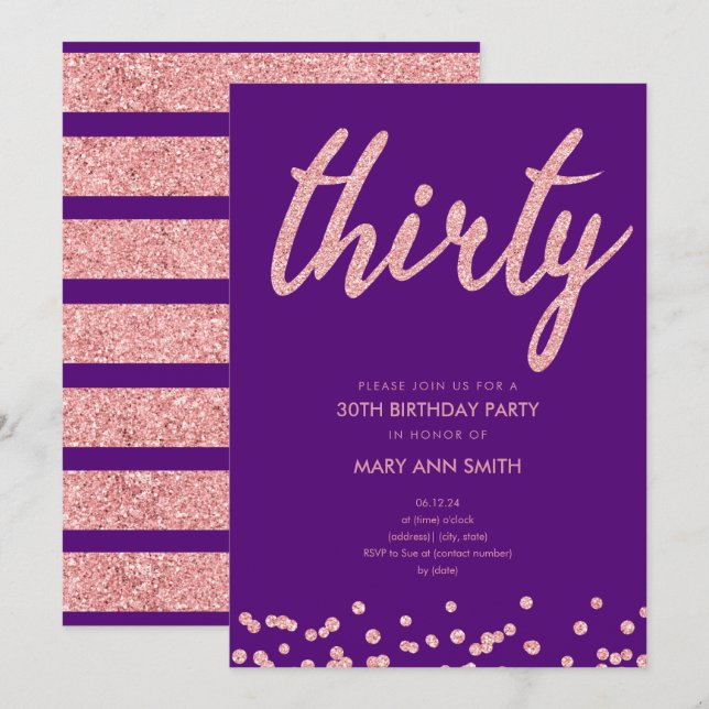 Rose Gold Purple Glitter 30th Birthday Party Invitation (Front/Back)