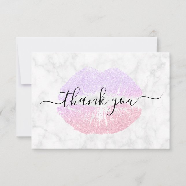 Rose gold & purple glitter lips white marble thank you card (Front)