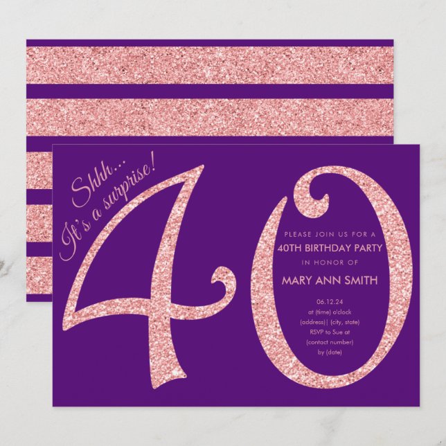 Rose Gold Purple Glitter Surprise 40th Birthday Invitation (Front/Back)