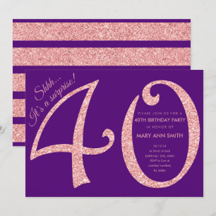 Rose Gold Purple Glitter Surprise 40th Birthday Invitation