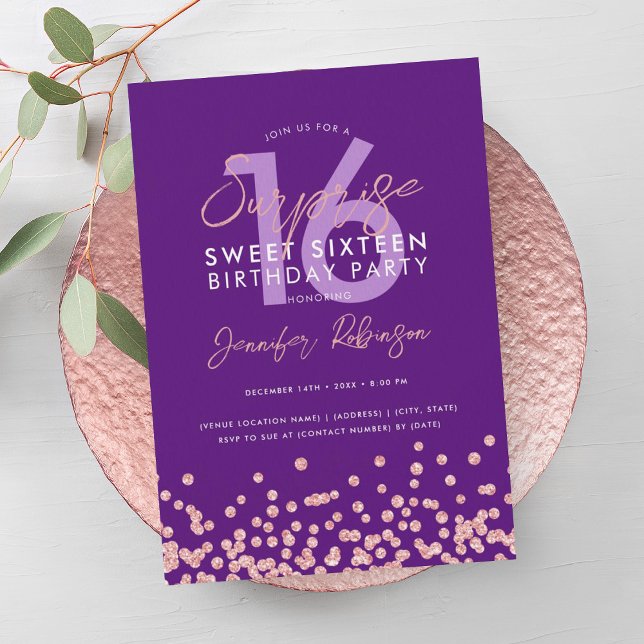 Rose Gold Purple Glitter Surprise Sweet 16  Invitation (Rose Gold Purple Glitter Surprise Sweet 16 Invitation)