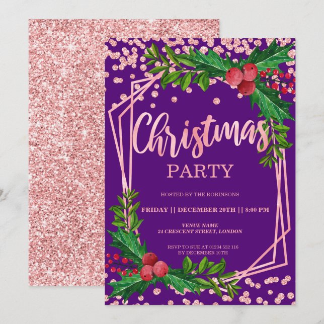 Rose Gold Purple Holly Glitter Confetti Christmas Invitation (Front/Back)