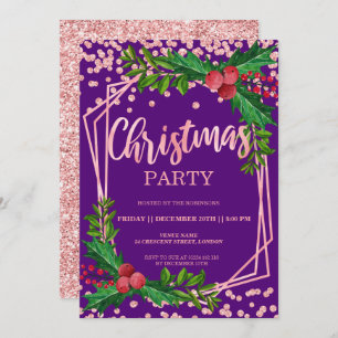 Rose Gold Purple Holly Glitter Confetti Christmas Invitation