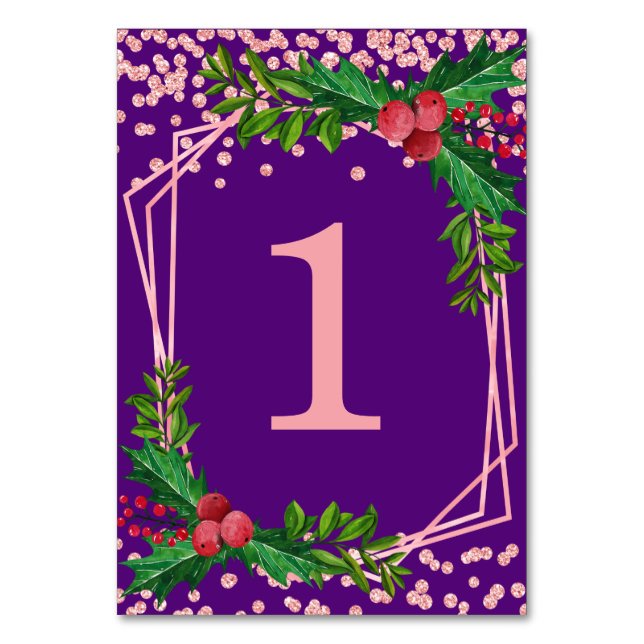 Rose Gold Purple Holly Glitter Confetti Christmas  Table Number (Front)