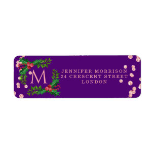 Rose Gold Purple Monogram Christmas Holly Glitter