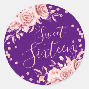 Rose Gold Purple Sweet 16 Birthday Floral Glitter Classic Round Sticker
