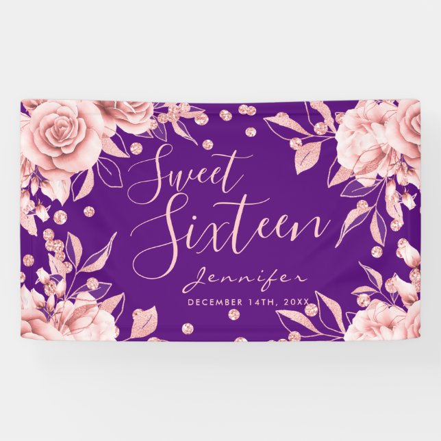 Rose Gold Purple Sweet 16 Glitter Confetti Floral Banner (Horizontal)