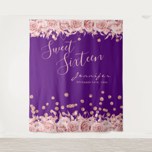 Rose Gold Purple Sweet 16 Glitter Confetti Floral Tapestry