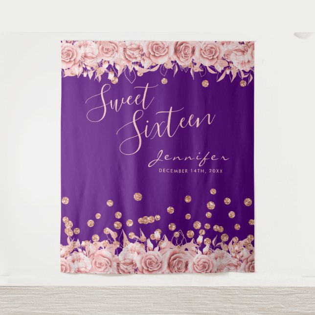 Rose Gold Purple Sweet 16 Glitter Confetti Floral Tapestry (Front)