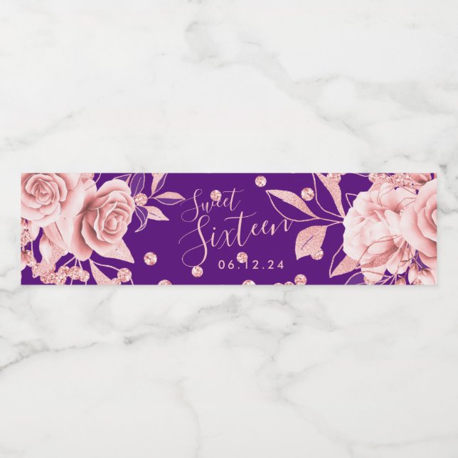 Rose Gold Purple Sweet 16 Glitter Confetti Floral Water Bottle Label (Single Label)
