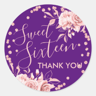 Rose Gold Purple Sweet 16 Thank You Floral Glitter Classic Round Sticker