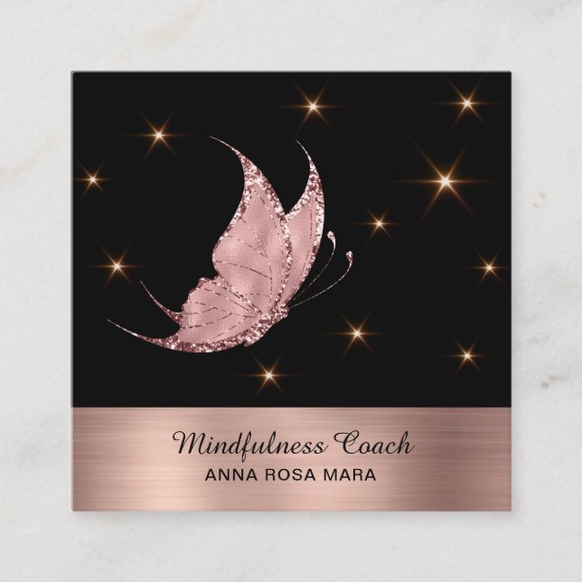 *~* Rose Gold QR code Glitter Butterfly Mystical Square Business Card (Front)