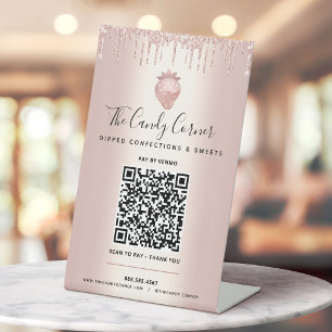 Rose Gold QR Code Pay Here Strawberry Glitter Drip Pedestal Sign