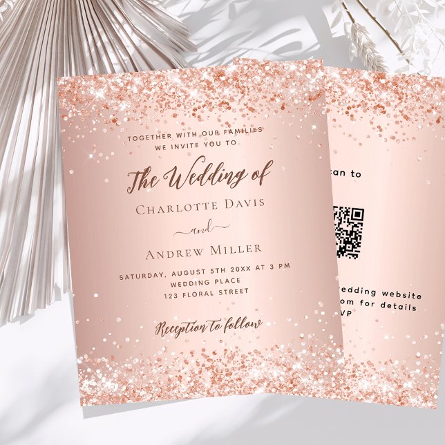 Rose gold QR code RSVP details wedding invitation (Creator Uploaded)