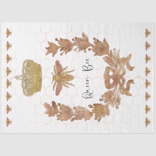 Rose Gold Queen Bee Crown Royal Glitter Decoupage Tissue Paper (Front)