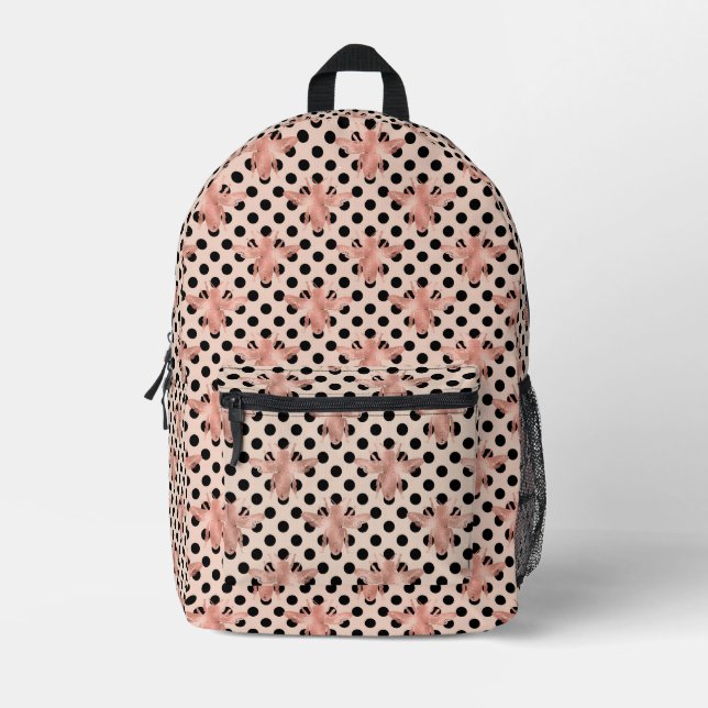 Rose Gold Queen Bee Polka Dots Pattern  Printed Backpack (Front)