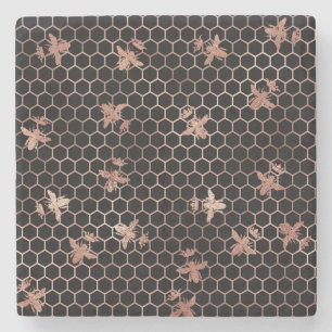 Rose Gold Queen Bees and Honeycomb on Black Stone Coaster