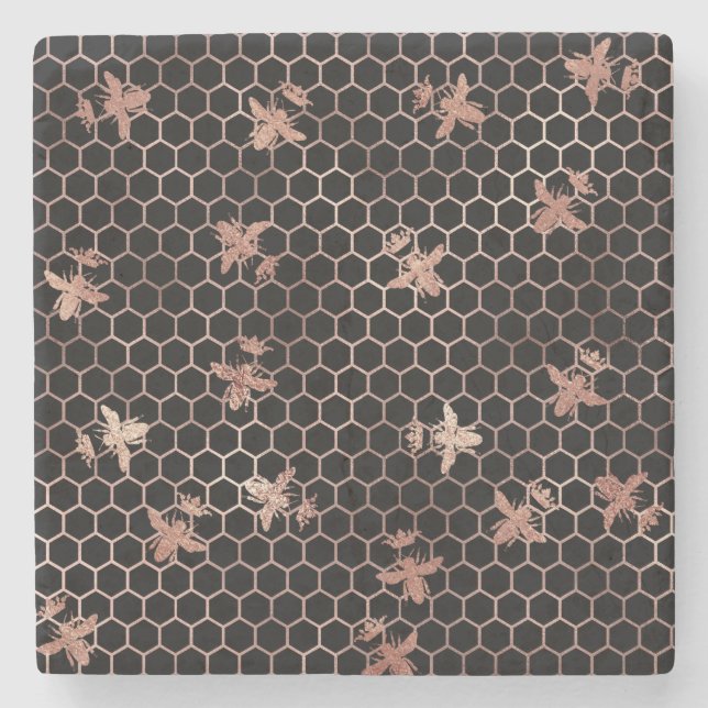 Rose Gold Queen Bees and Honeycomb on Black Stone Coaster (Front)