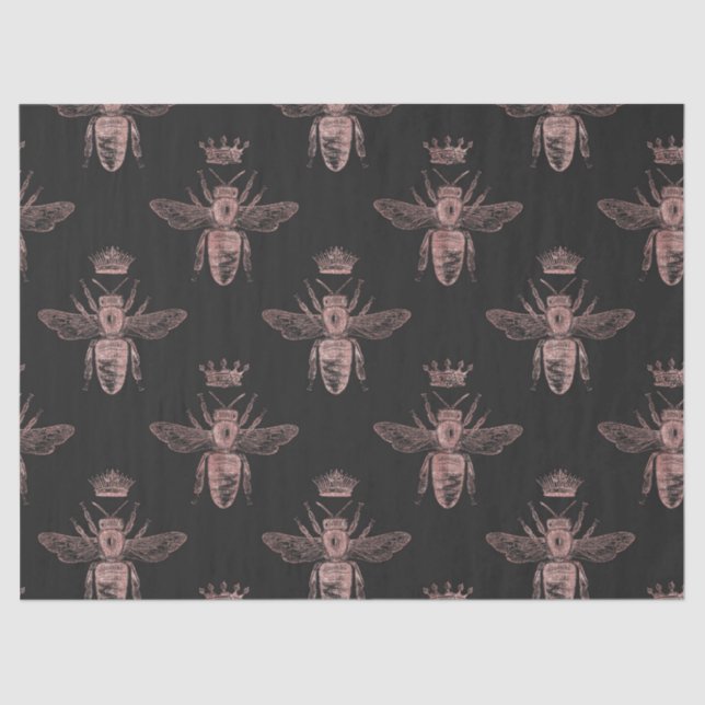 Rose Gold Queen Bees on Black Decoupage Tissue Paper (Front)