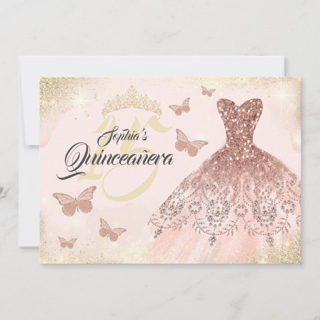 Rose Gold Quinceanera Butterfly Dress  Invitation (Front)
