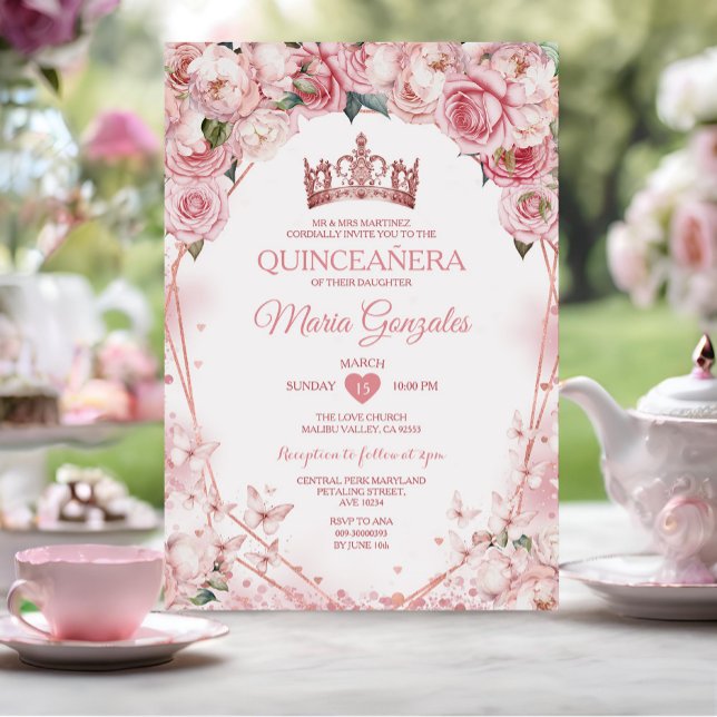 Rose Gold Quinceañera Crown Butterfly 15 Anos Invitation (Creator Uploaded)