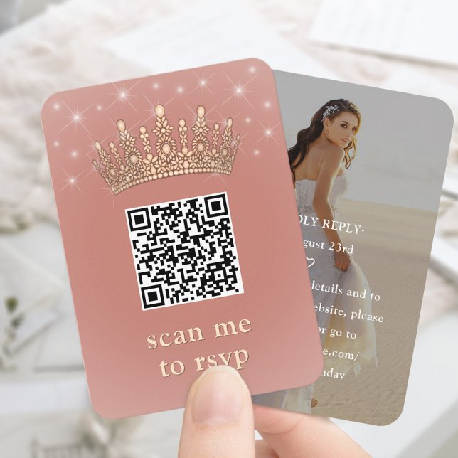 Rose Gold Quinceañera Crown Scan Me QR RSVP Enclosure Card (Creator Uploaded)