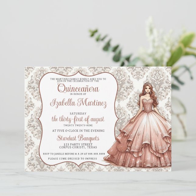 Rose Gold Quinceañera Dress Invitation (Standing Front)