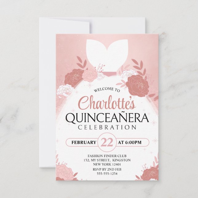 Rose Gold Quinceanera﻿ Floral Princess Dress Invitation (Front)
