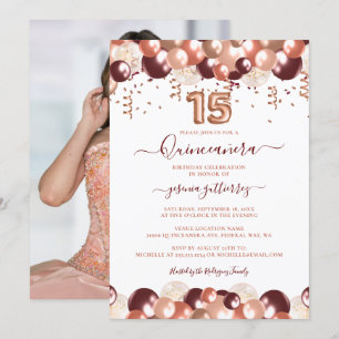 Rose Gold Quinceañera Glitter Balloon Photo Invitation