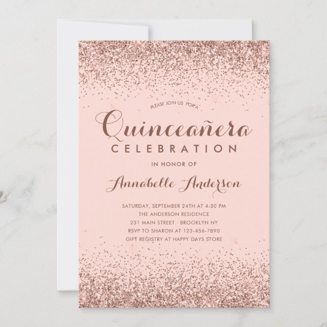 Rose Gold Quinceañera Glitter Elegant Birthday Invitation (Front)
