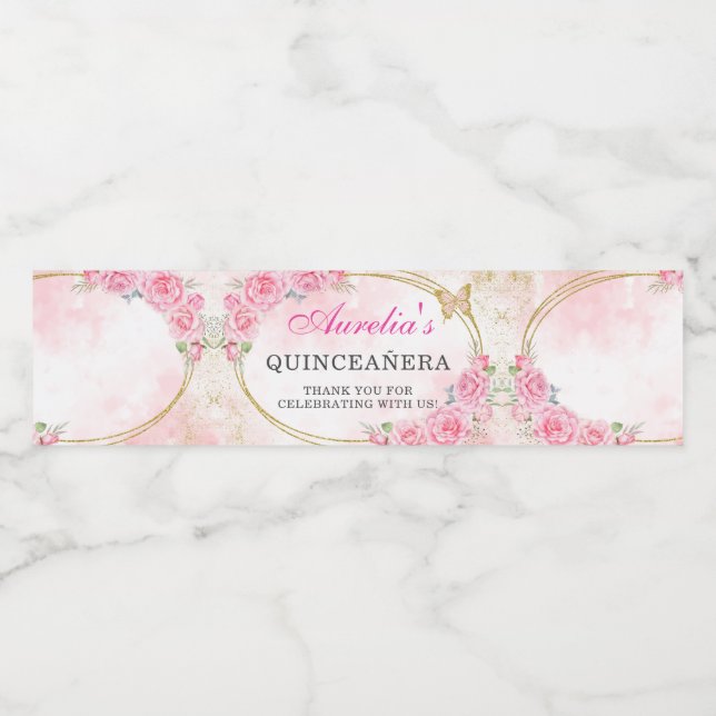 Rose Gold Quinceanera Miss Quince 15 Anos Birthday Water Bottle Label (Single Label)