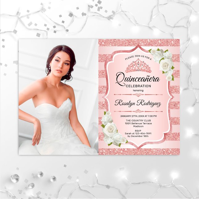 Rose Gold Quinceanera With Photo - White Roses Invitation (Creator Uploaded)