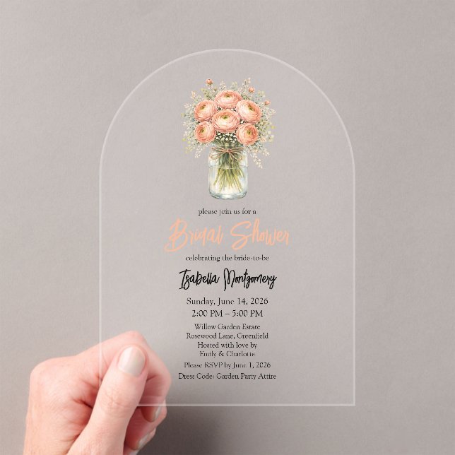 Rose Gold Ranunculus Mason Jar Bridal Shower Acrylic Invitations (Insitu (Handheld))
