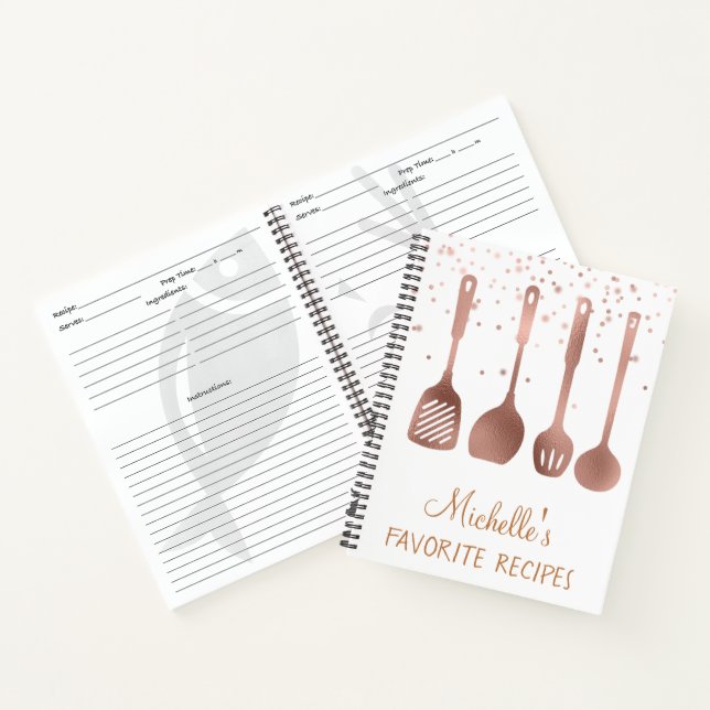 Rose Gold Recipe Cookbook Utensils Confetti Notebook (Inside)