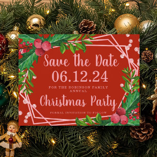 Rose Gold Red Christmas Save Date Holly Glitter Announcement Postcard