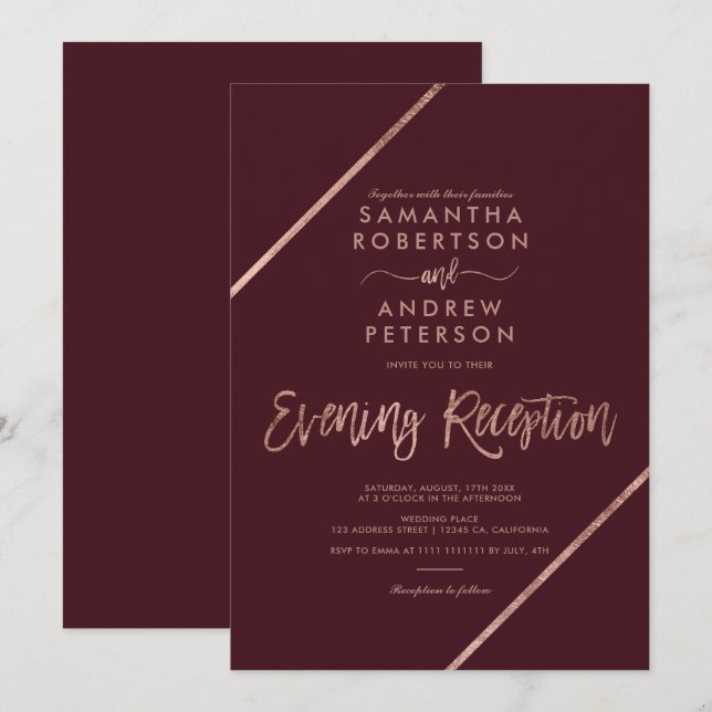 Rose gold red typography evening wedding invitation (Front/Back)