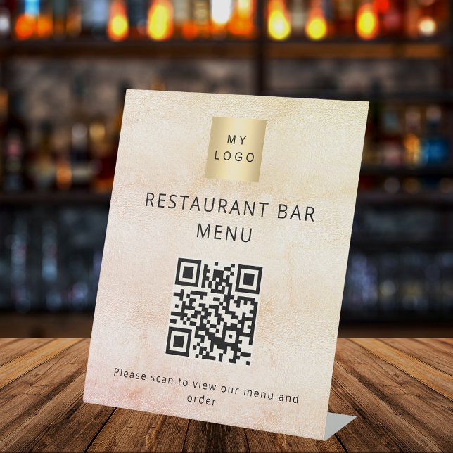Rose gold restaurant cafe bar scan menu QR code Pedestal Sign (Creator Uploaded)