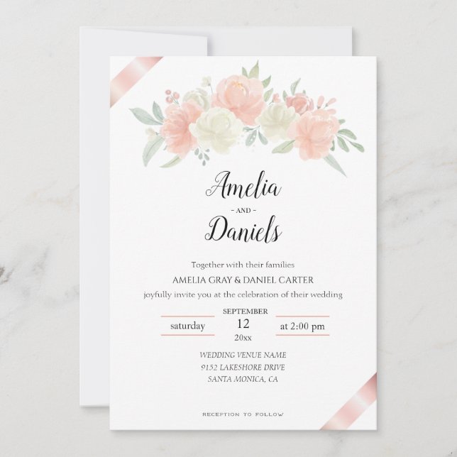 Rose gold Ribbon Pink White Wedding Invitation (Front)