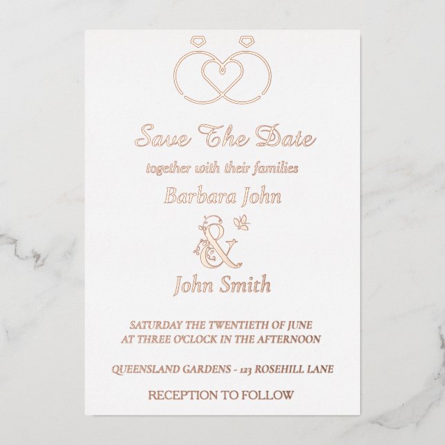 Rose Gold Rings Minimalist Save The Date Card (Front)