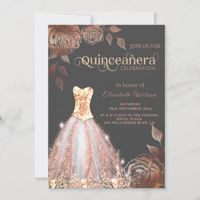 Rose Gold roses trendy  sequins dress Quinceañera  Invitation (Front)