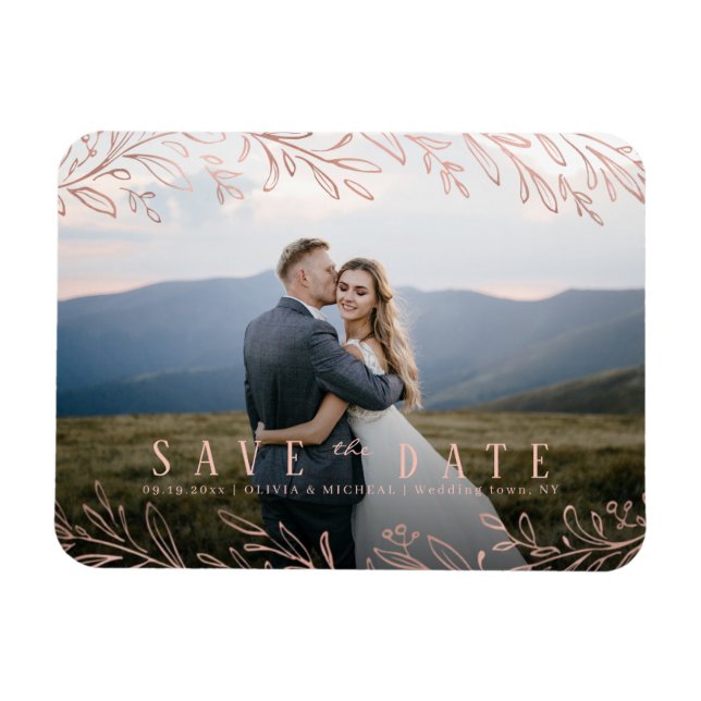 Rose gold rustic botanical photo save the date magnet (Horizontal)