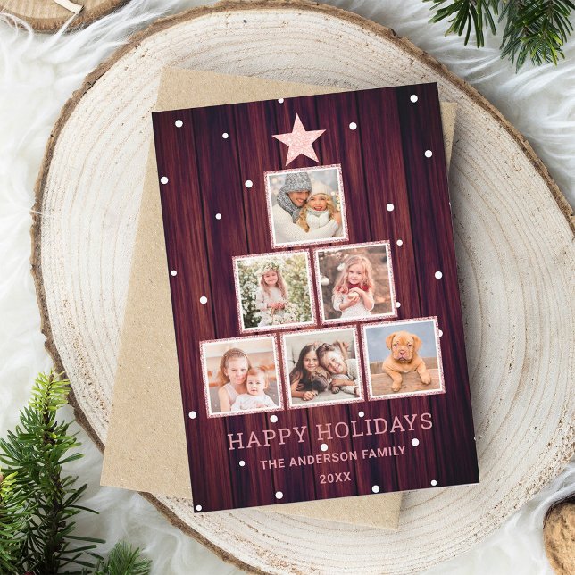 Rose Gold Rustic Country Wood Christmas Photo Tree Holiday Card (Creator Uploaded)
