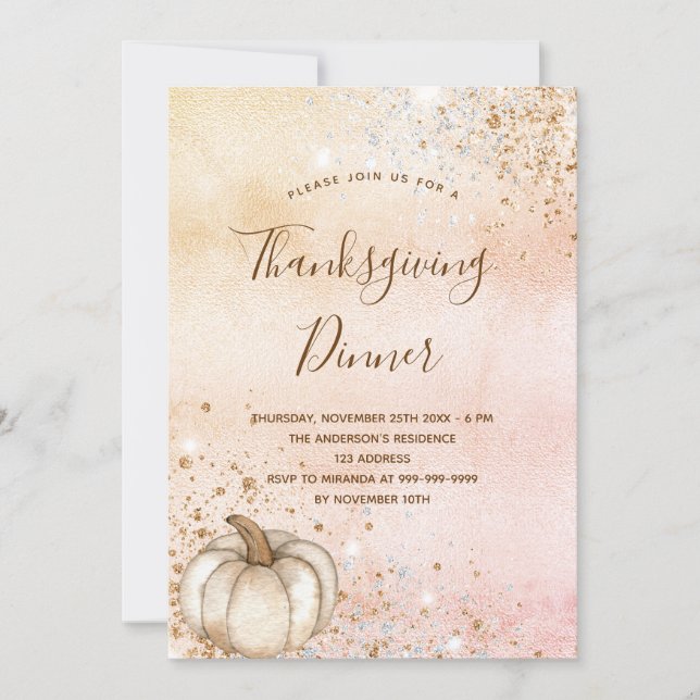 Rose gold rustic pumpkin Thanksgiving Dinner Invitation (Front)