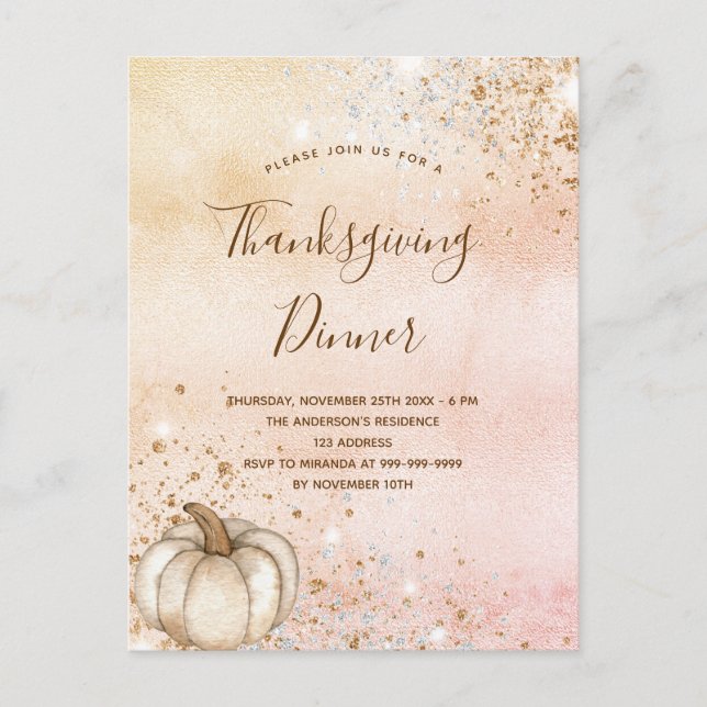 Rose gold rustic pumpkin Thanksgiving Dinner Invitation Postcard (Front)
