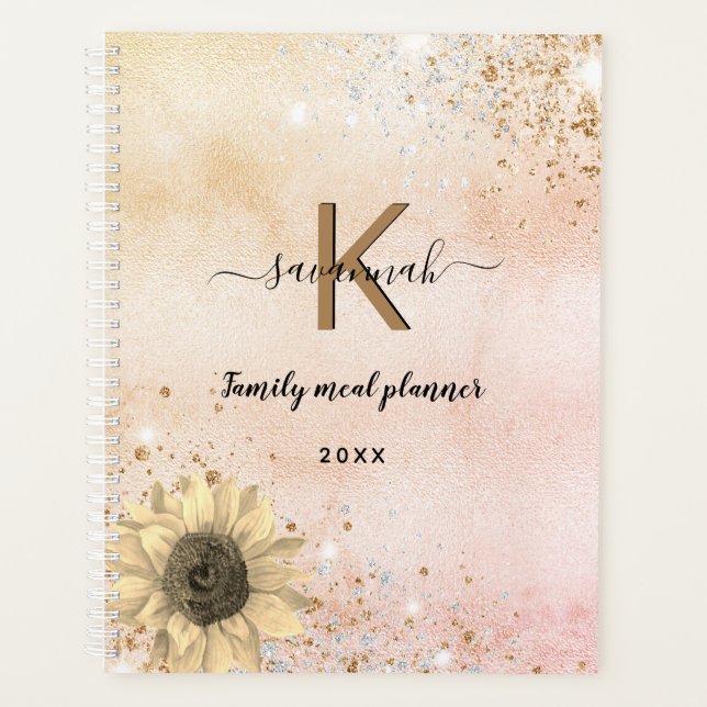 Rose gold rustic sunflower family meal planner (Front)
